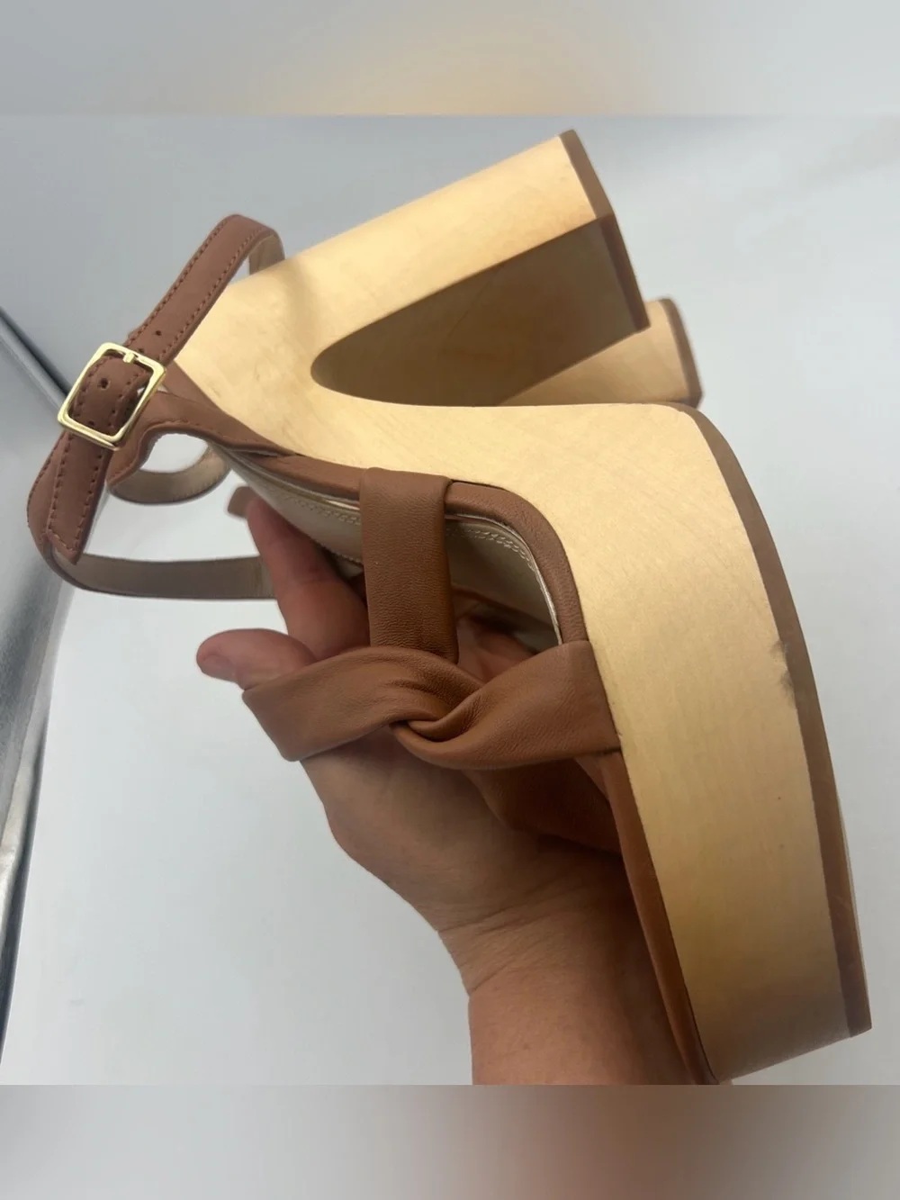 PAIGE Cayden Leather Ankle Strap Platform Sandal Woodgrain Block Heel Size 9 NEW